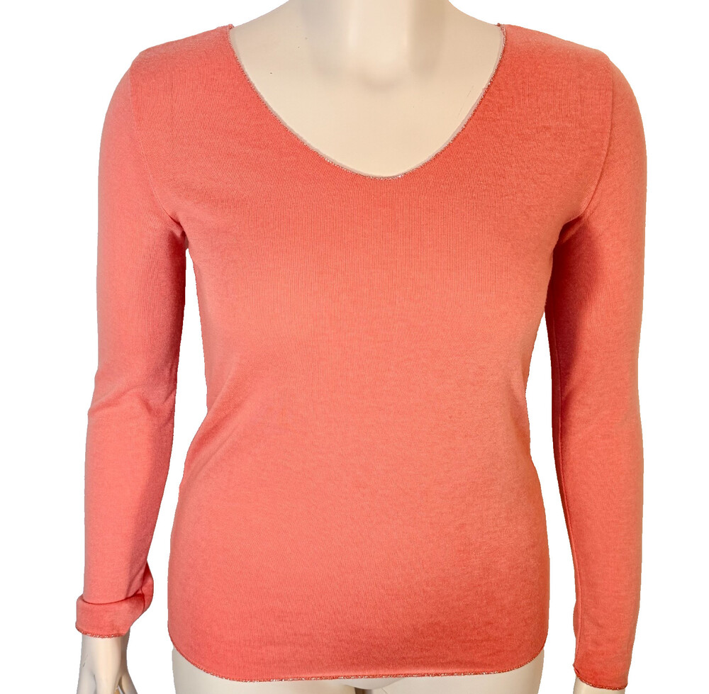 Gigi Moda Women's M Peach Knit Long Slve Shirt V-Neck Silver Trim Made in Italy